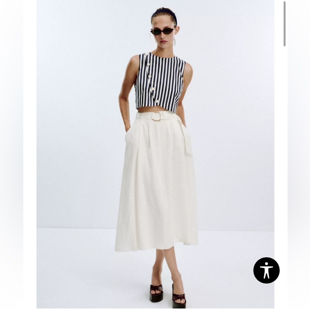 NWT Zara | Belted Linen Dress Waist Cut-out Navy Ivory Nautical coastal vibe - Picture 3 of 16